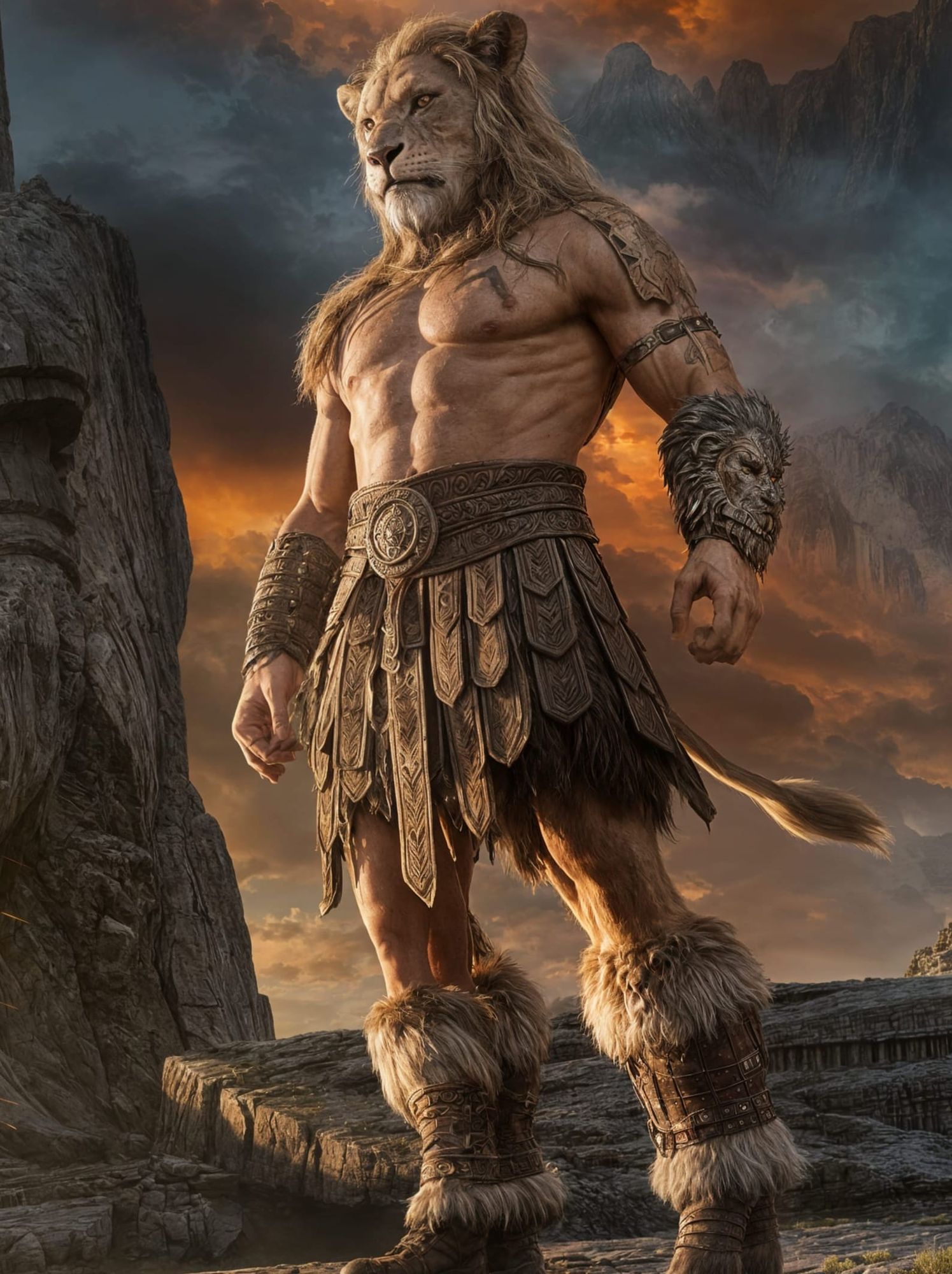 Gargarash, Leonal, lvl 4 Path of the Beast Barbarian- 
Fiercely loyal, protective and honorable, Gargarash finds himself in the precarious position of serving as the main enforcer of the notorious crime boss, Bonesun Mergun. 