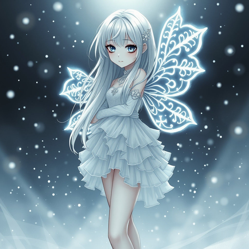 Mystical Anime Girl in Snow, Charcoal Drawing Style