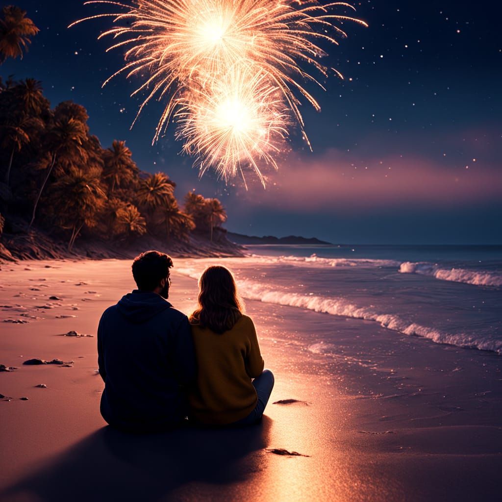 Summer night by the sea, a couple of lovers sitting on a sandy beach, holding hands gently. Colorful ...  by @CB