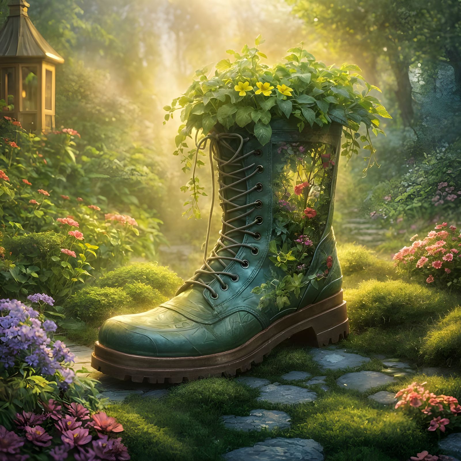 A garden boot with plants inside the boot High resolution.   by @Irene