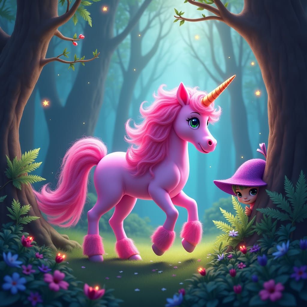 Unicórnio rosa numa floresta encantada e um duende com chapé...
