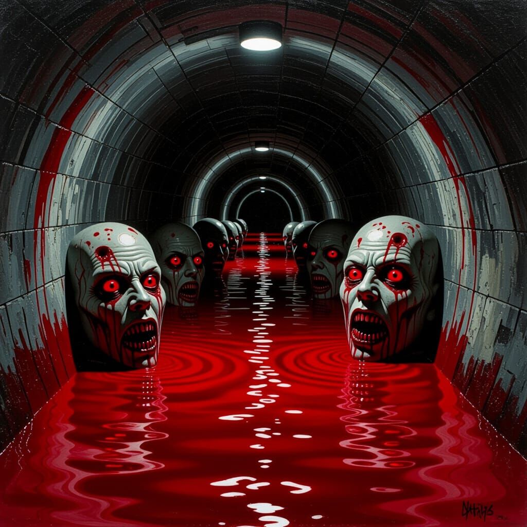 A dark tunnel with no light at the end, bloody mud water flowing through it, with burnt skinned faces coming up out of the water, angerly st...