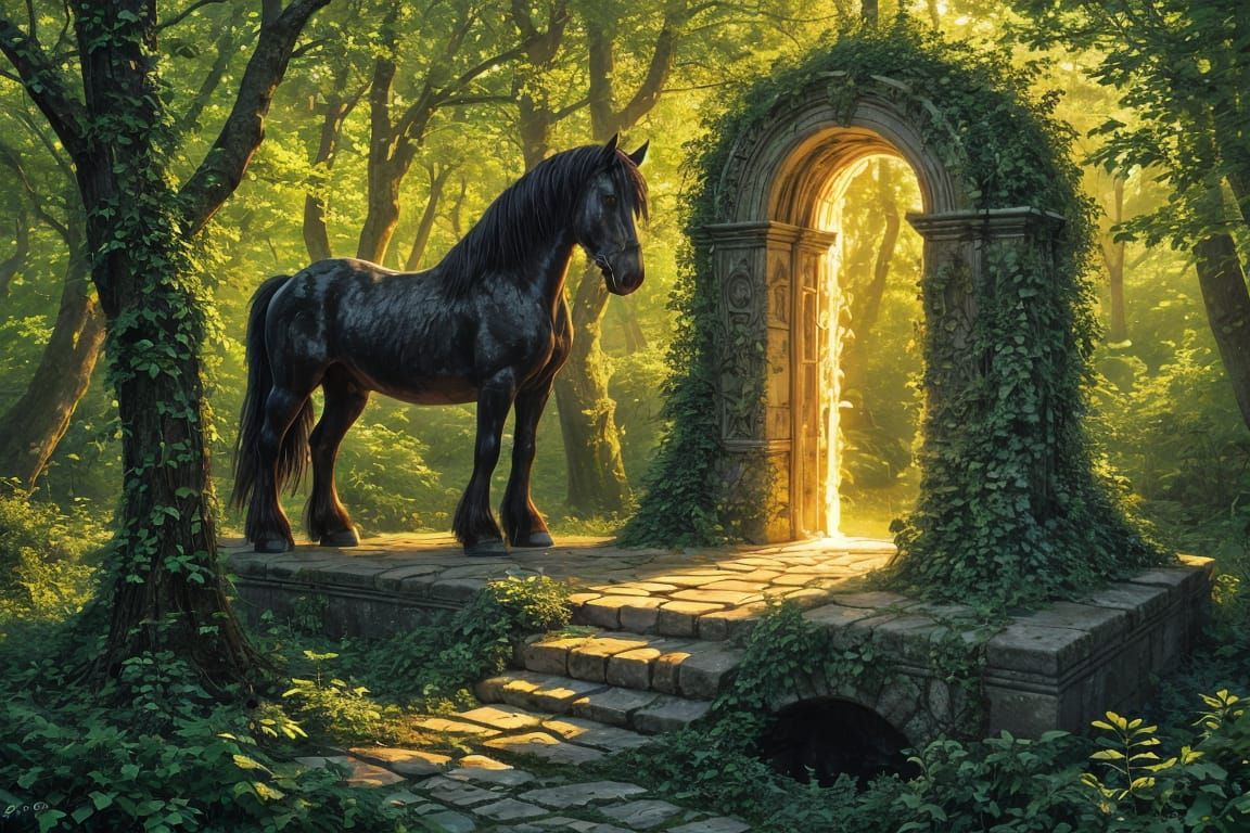 The Clydesdale horse walks through the enchanted forest with a portal to another dimension.