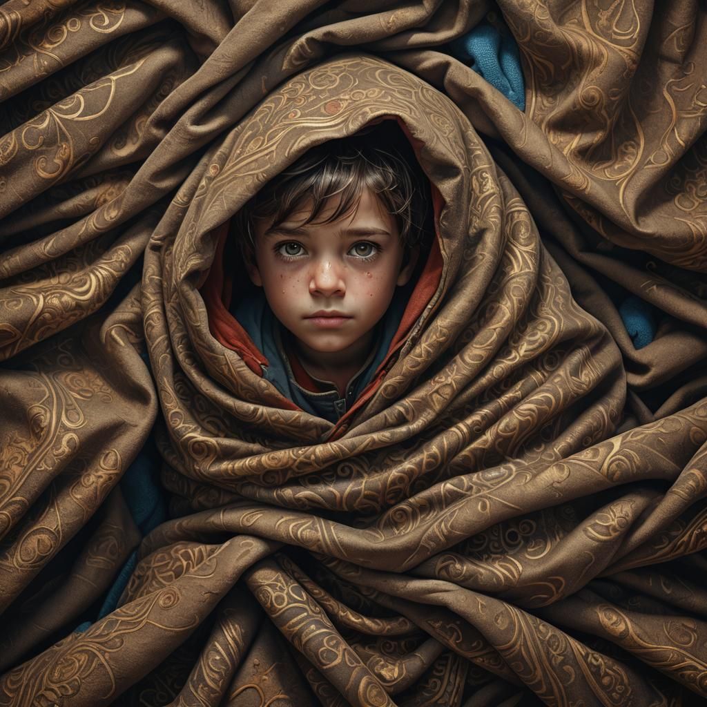 Boy Hiding Under Blanket: Detailed Matte Painting