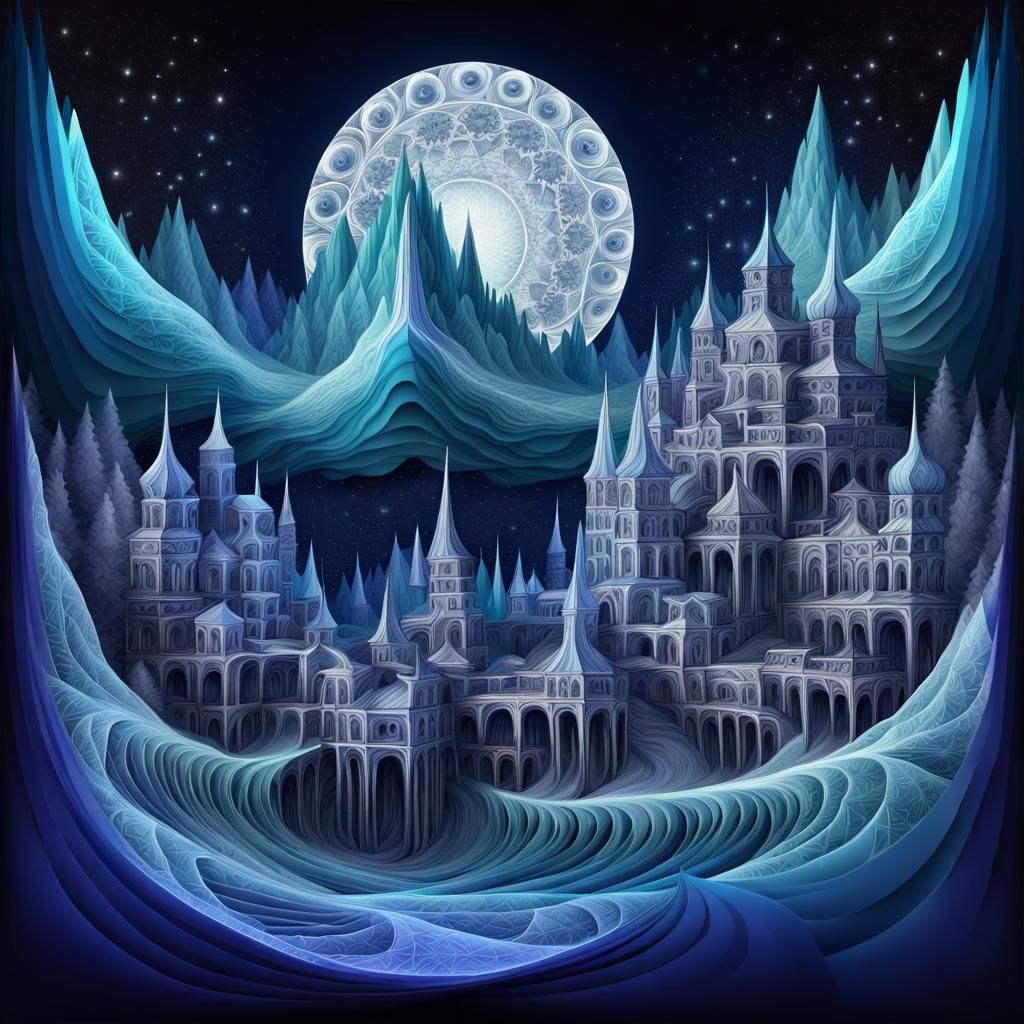 City of the elder gods, abandoned, crystal palaces in the gl...