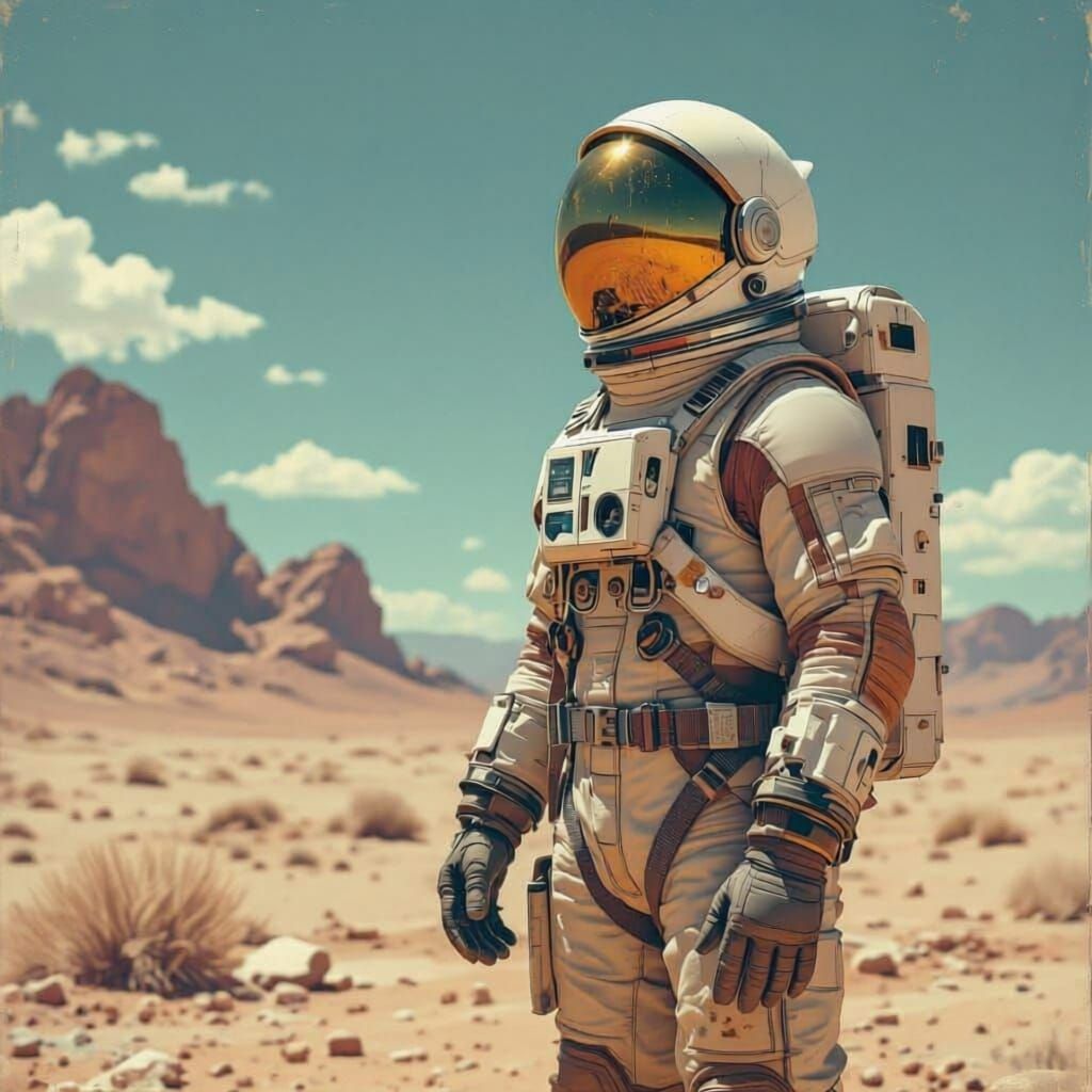 A lone astronaut in a vintage spacesuit stands on a desolate alien planet, gazing up at a sky filled with swirling nebulae and countless gli...