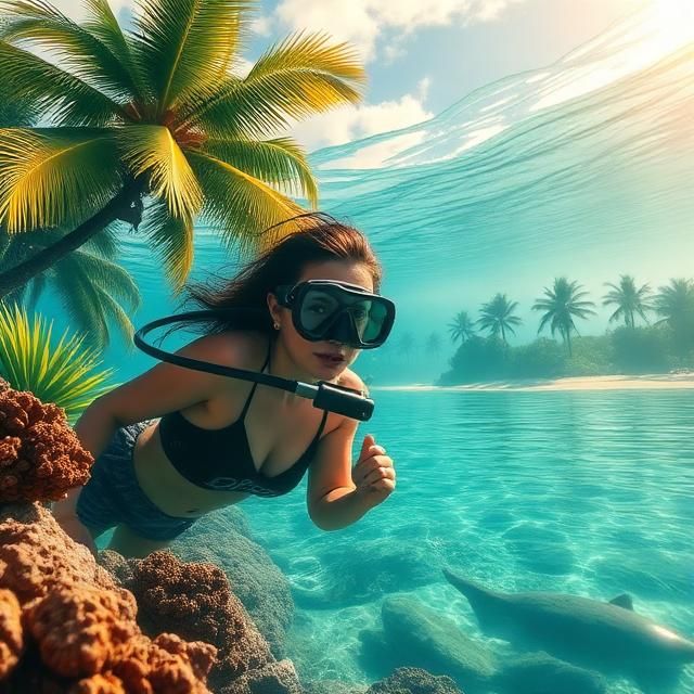 BEAUTIFUL FEMALE DIVER LOOKING FOR TREASURE DEEP IN THE  OCE...