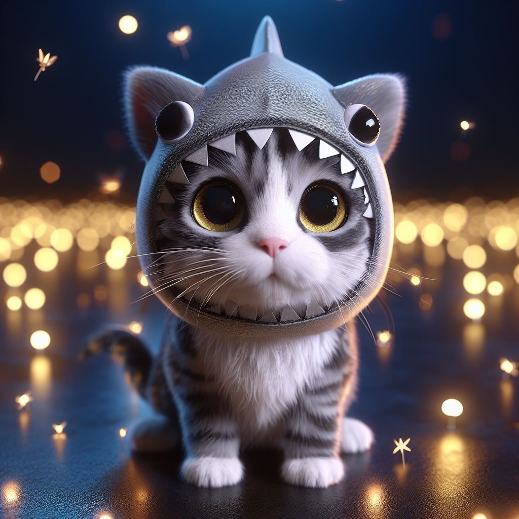 cute cat wearing a shark costume, gorgeous eyes