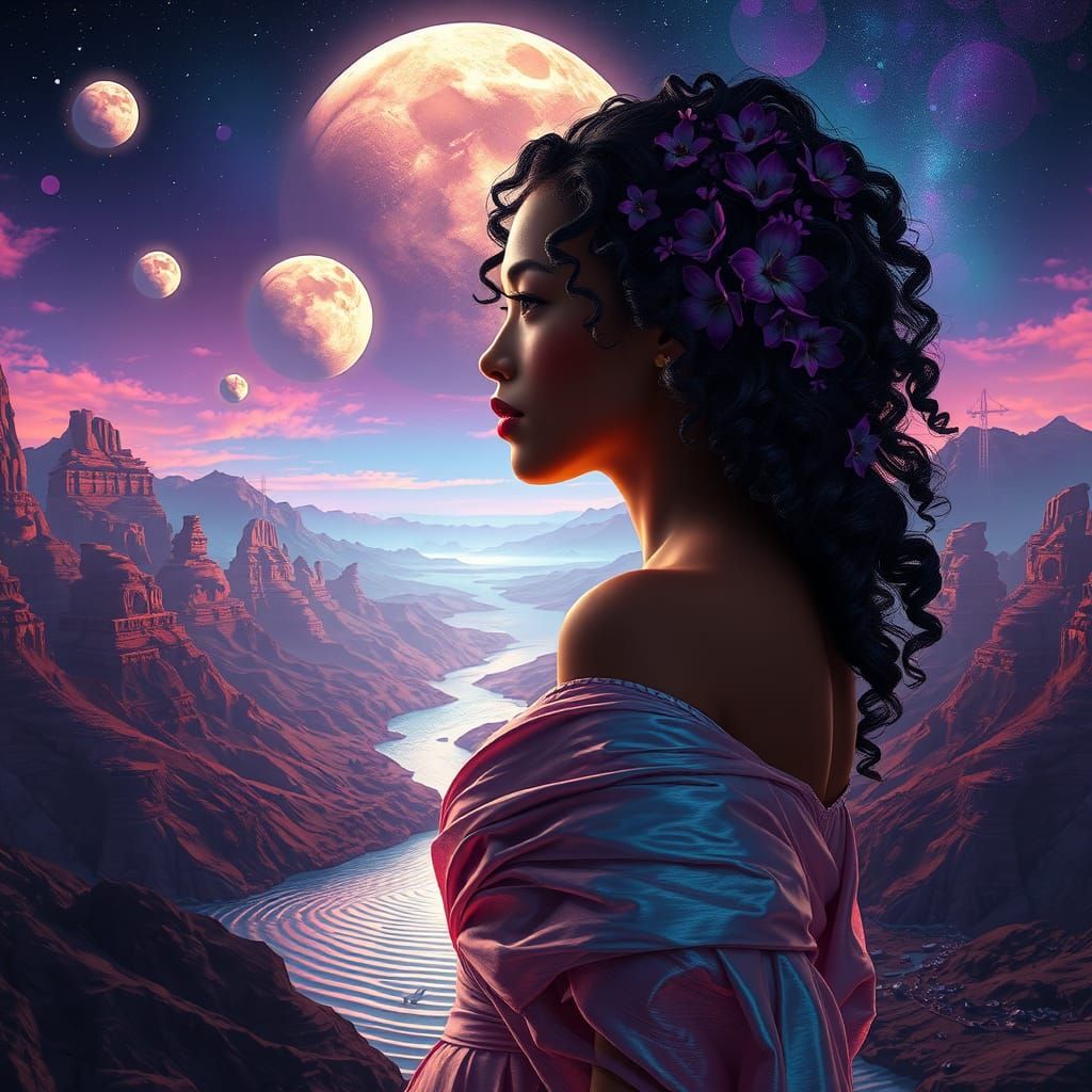 Side profile portrait of a beautiful woman. a colorful alien planet with huge moons reflected in the water in the valley.