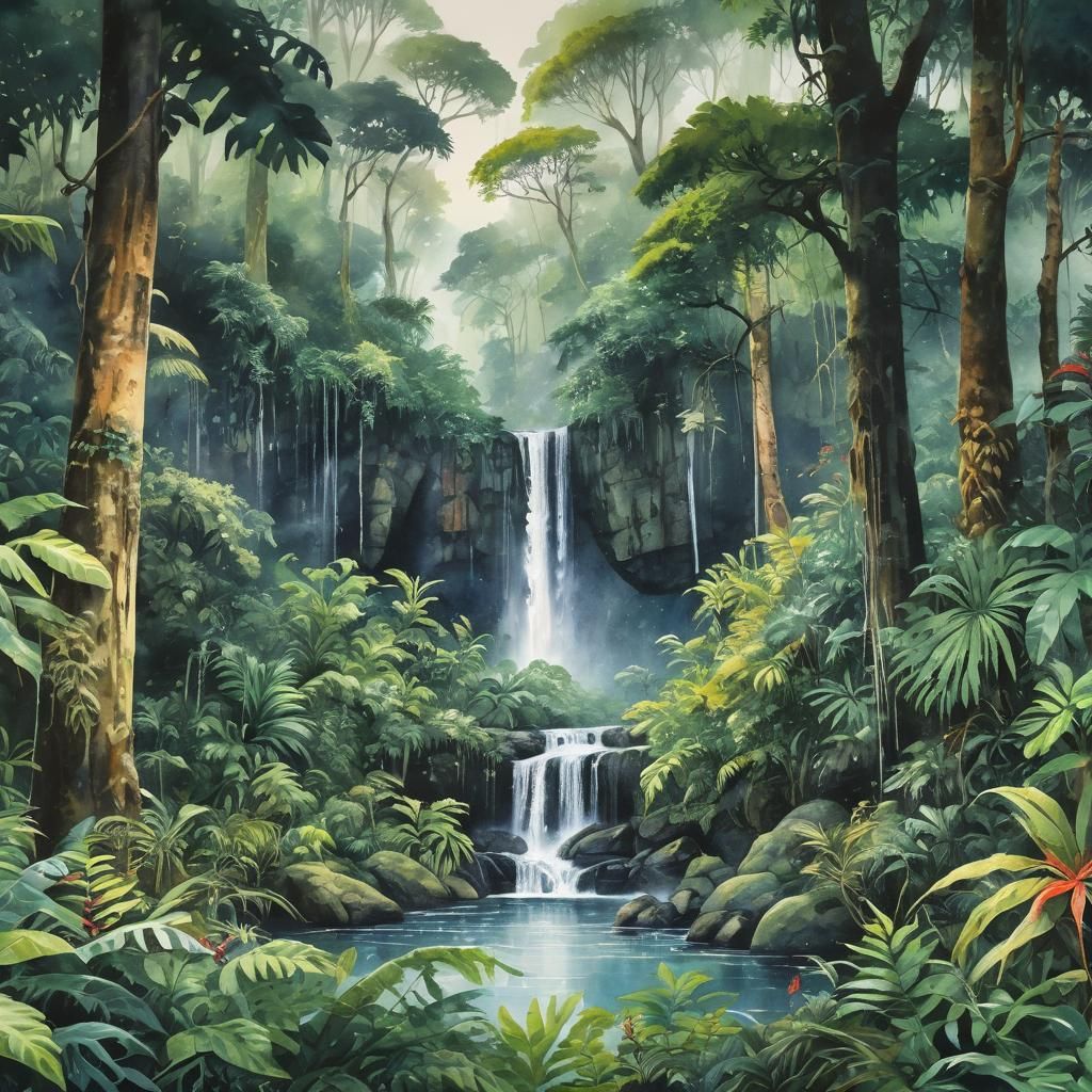 watercolor painting of a rainforest with waterfall