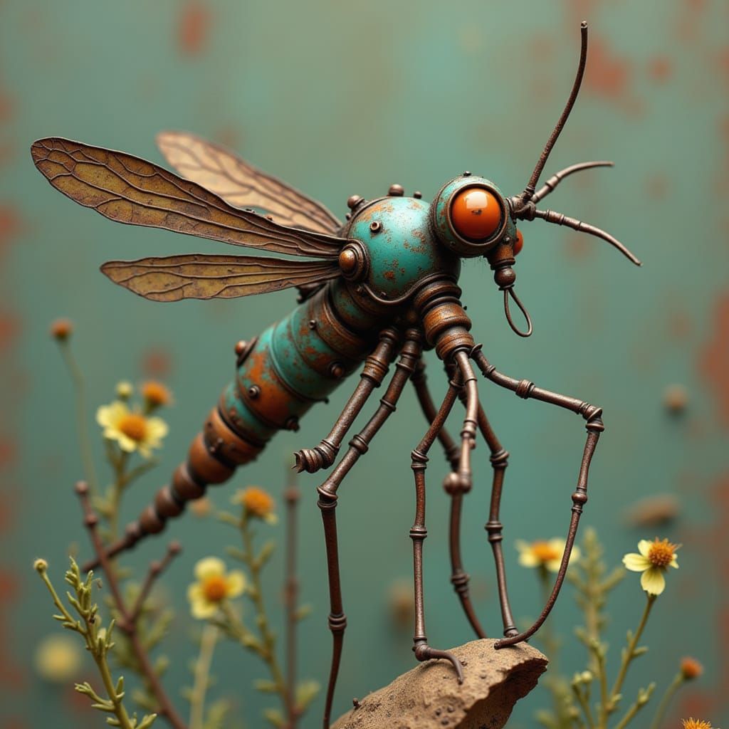 <lora:RustyMetalSurrealism:1.0> a mosquito made entirely from welding old metal pieces, screws, nails, flatware, to form the shape and a lon...