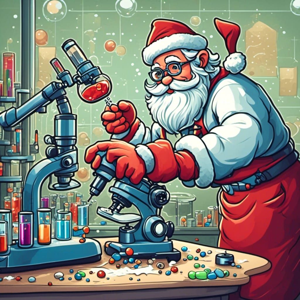 <lora:sdxl cute:1.0> cartoon Santa working in a lab looking ...