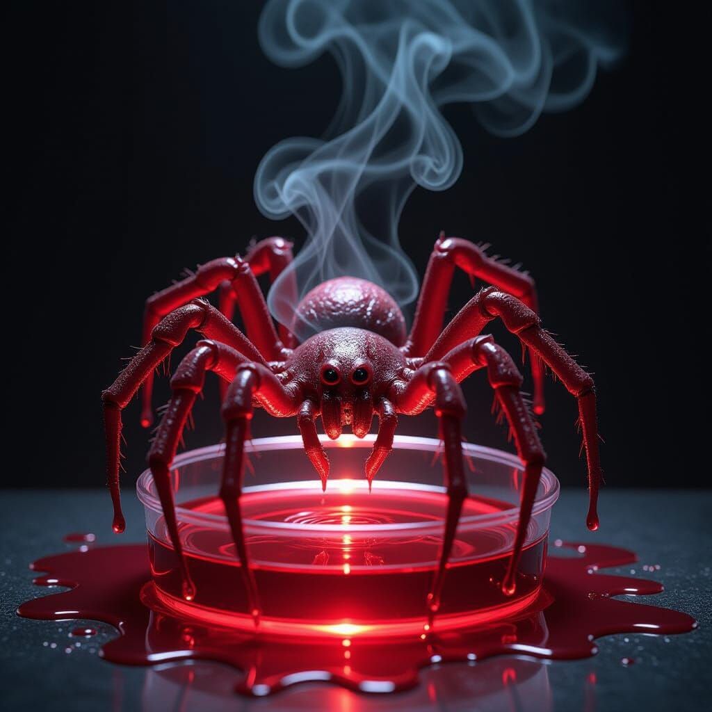 A surreal, dark sci-fi scene showing a red, organic, spider-like creature emerging from a petri dish. The creature is made of dripping, molt...