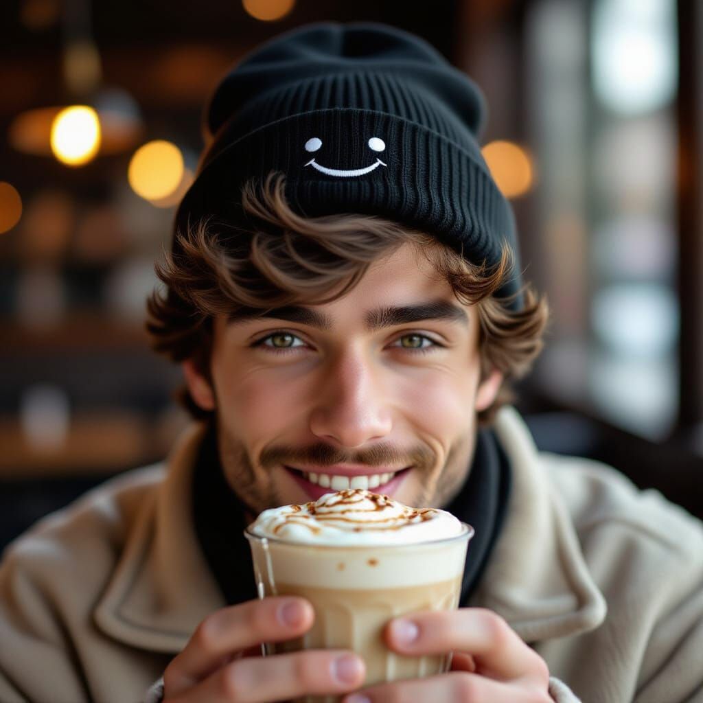 Handsome Man in Beanie Holds Frothy Drink