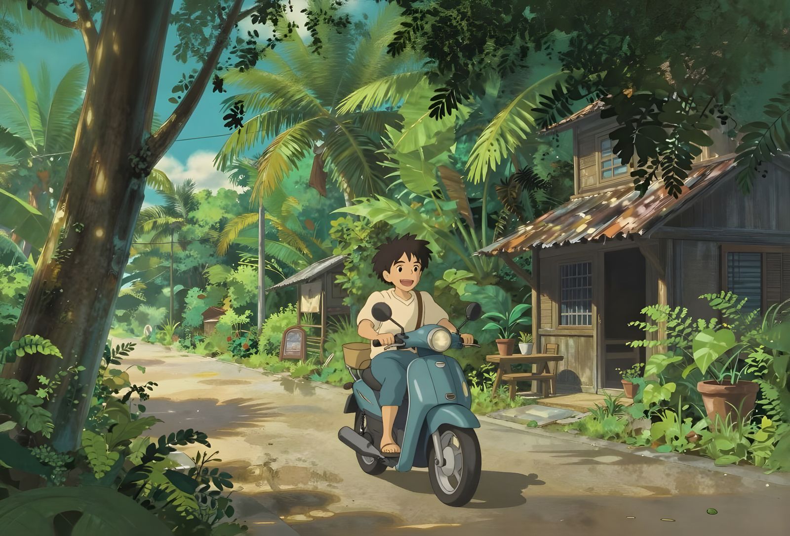Ghibli-Inspired Tropical Street Scene with Moped Rider