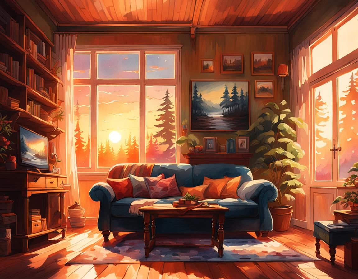 Suburban Living Room at Sunrise: Watercolor Matte Painting