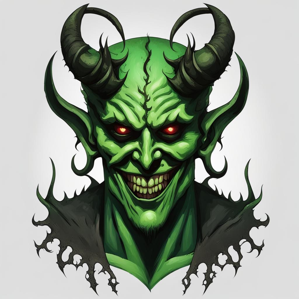 Demonic metal man with many horns. He has a grin like the de...