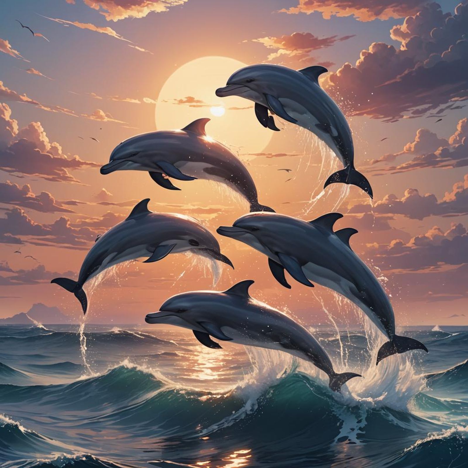 Mystical dolphins jumping through the air swimming through the ocean in ...