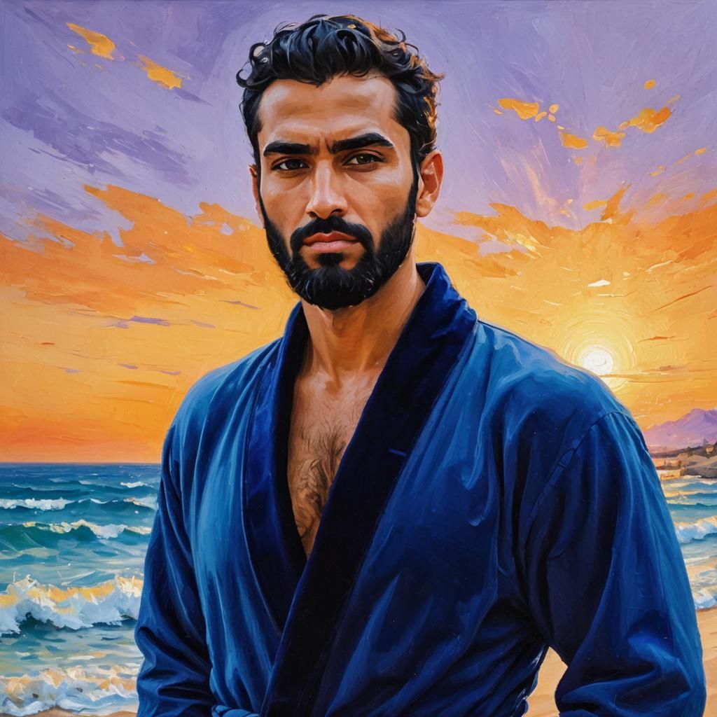 On the beach. Muhammad Alfi, a handsome young Arab with black hair and ...