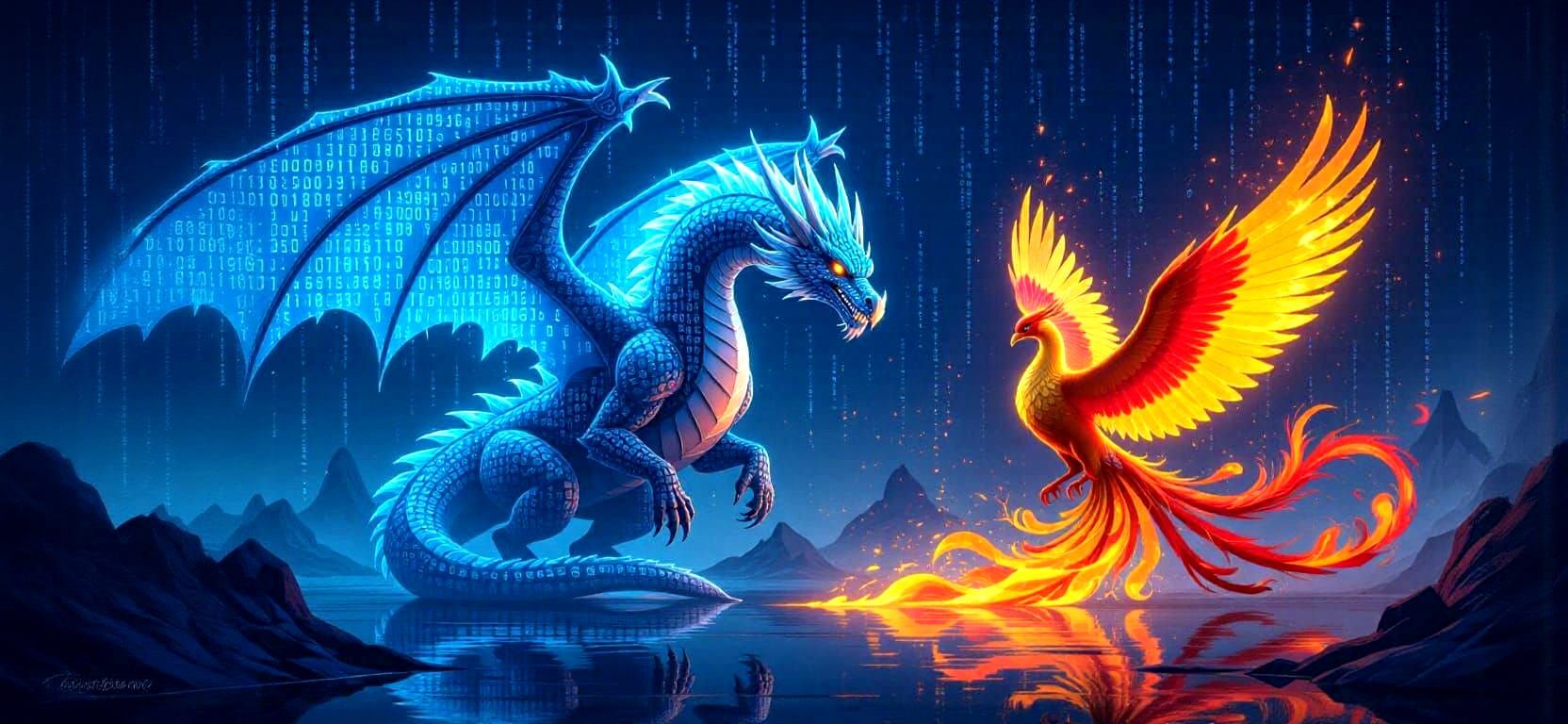 Computer code made into an azure dragon and a fire phoenix.