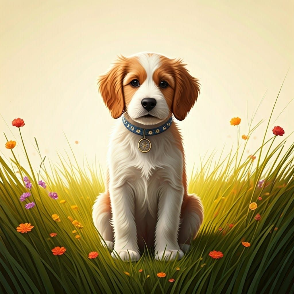 Fluffy Dog in Sunny Meadow, Storybook Illustration