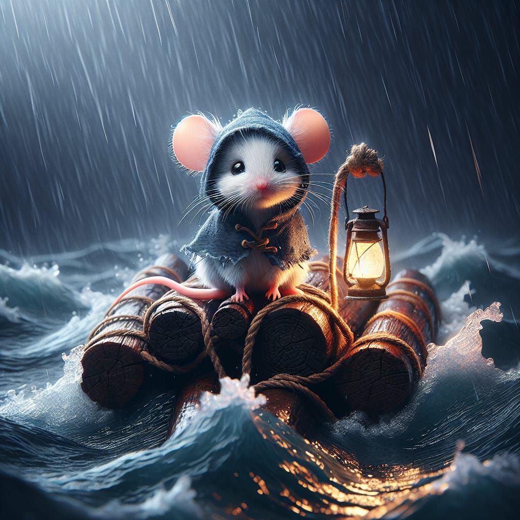 Generate a highly detailed and photorealistic image of a small, adorable mouse sitting on a makeshift ...  by @Summerchild