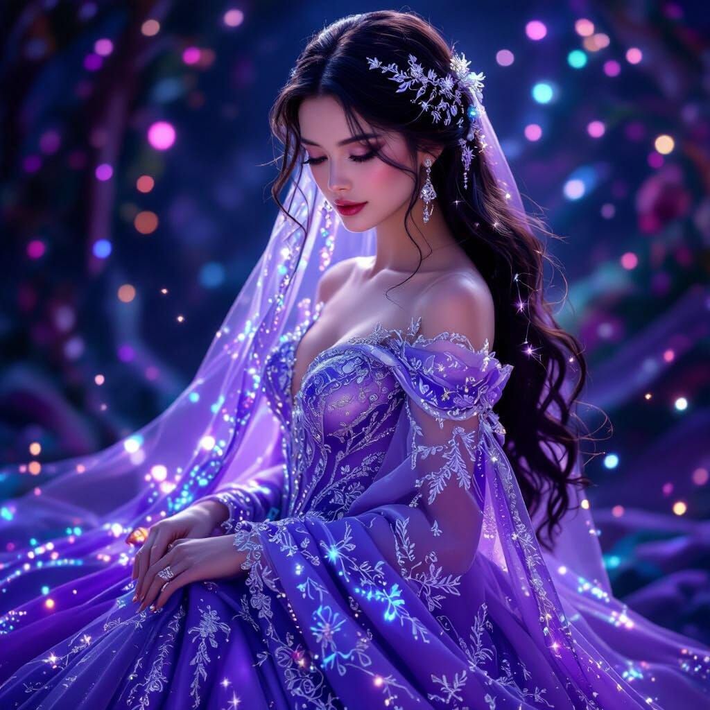 A woman wearing beautiful magical purple wedding dress