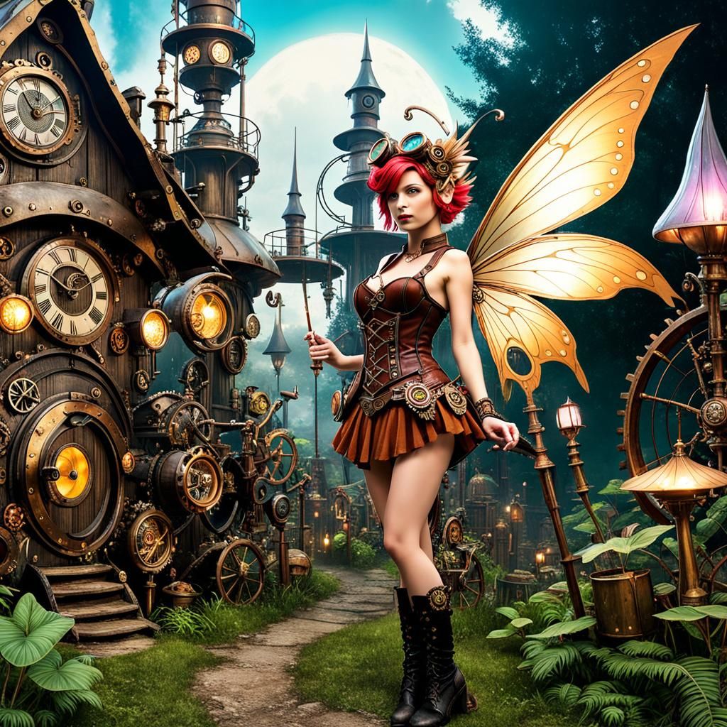 A pixie standing outside a Steampunk aether fairy village, steampunked ...