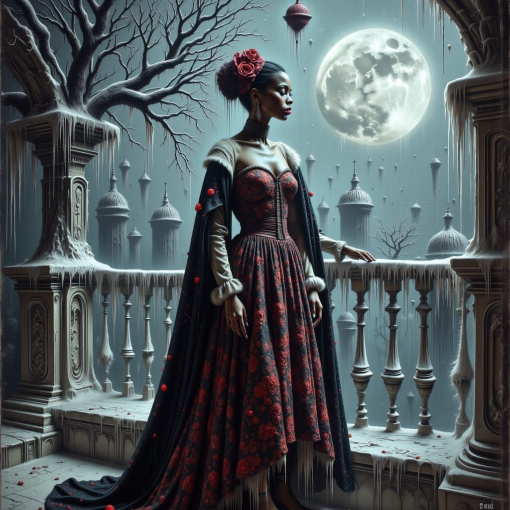 Tsarina Evdokija, depicted as a Siberian princess from an alternate timeline, surveys her vast, snow-covered kingdom from a crystalline pala...