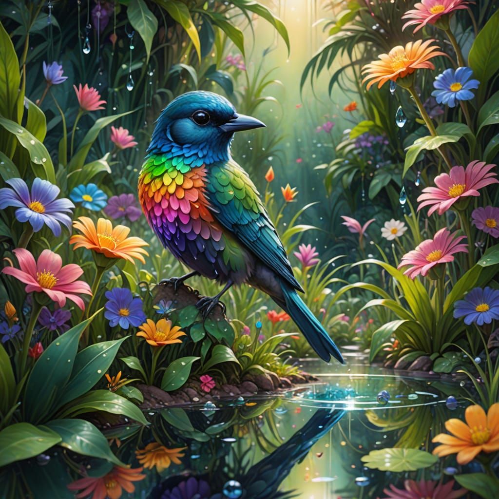 Matte oil painting. A curious bird explores lush, overgrown garden filled with exotic flowers and glowing ...  by @Fungidelight