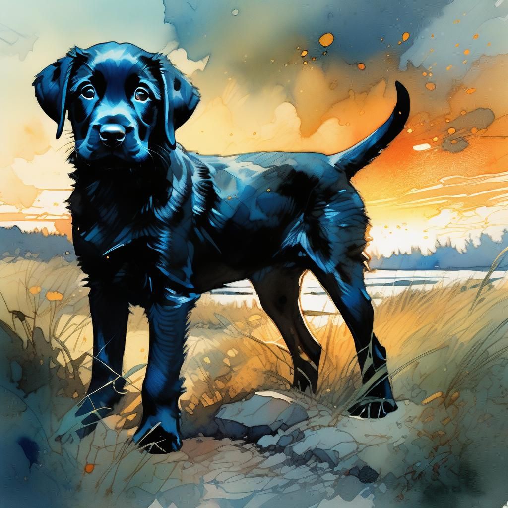 black Lab puppy, Digital watercolor Illustration of a summerscape sunset, ultra detailed art, complex Illustration by Tran Nguyen Jeremy Man...