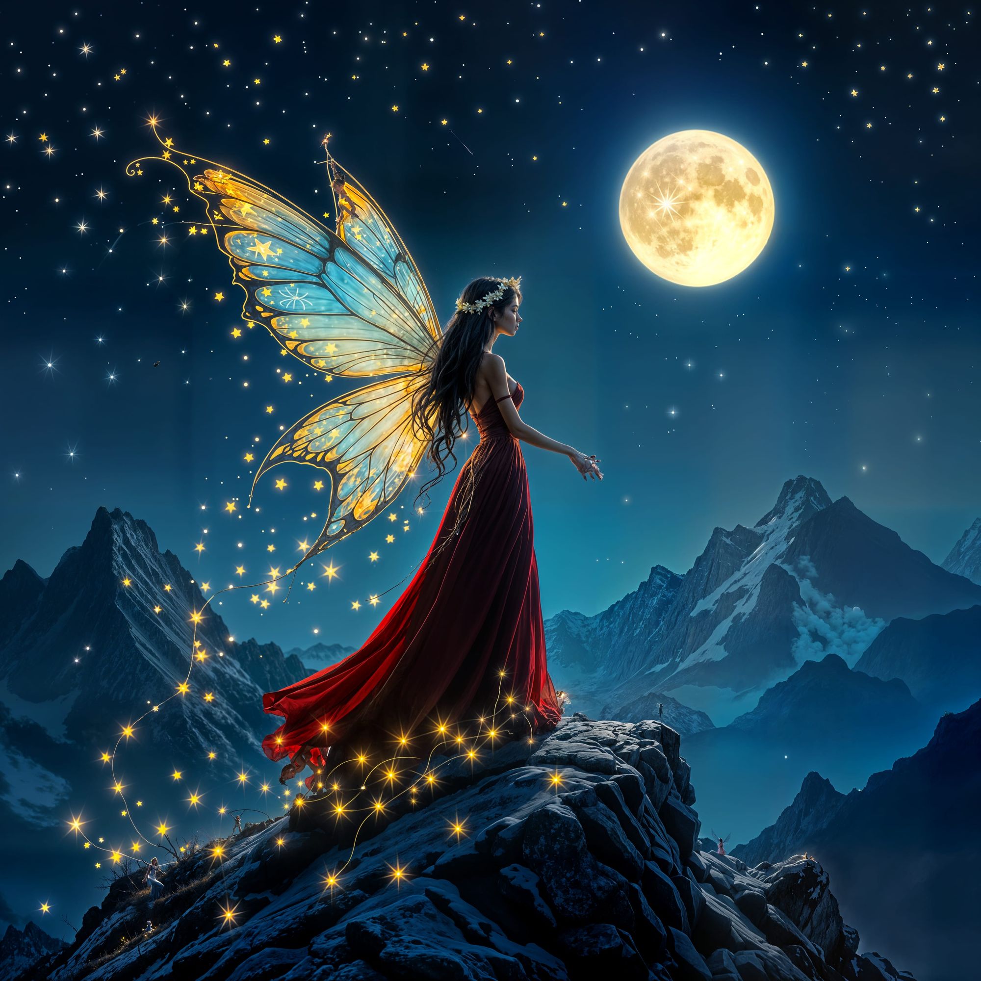 High on a mountain top stands a beautiful and stunning fairy. She stands with the moon and stars behind her blue and golden wings. The wind ...