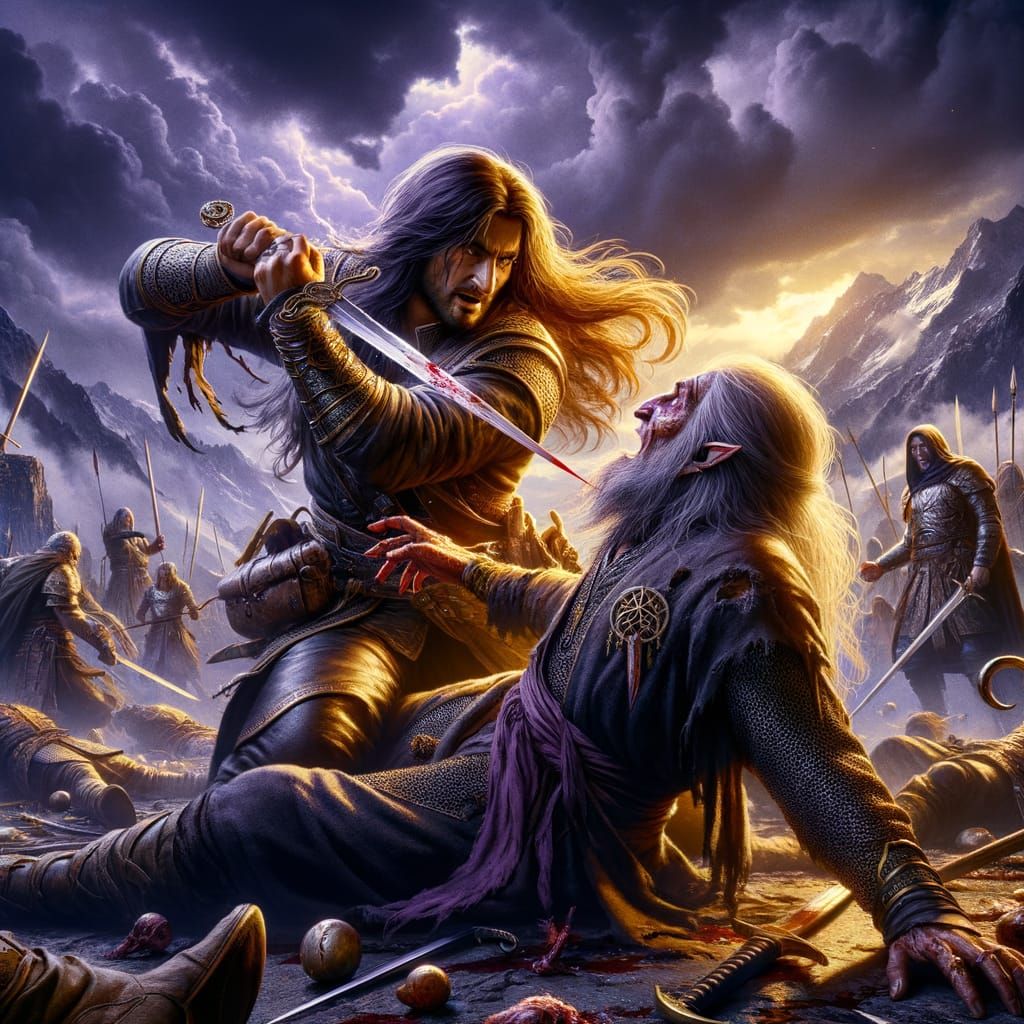 A photorealistic image set in a fantasy battlefield. A man w...