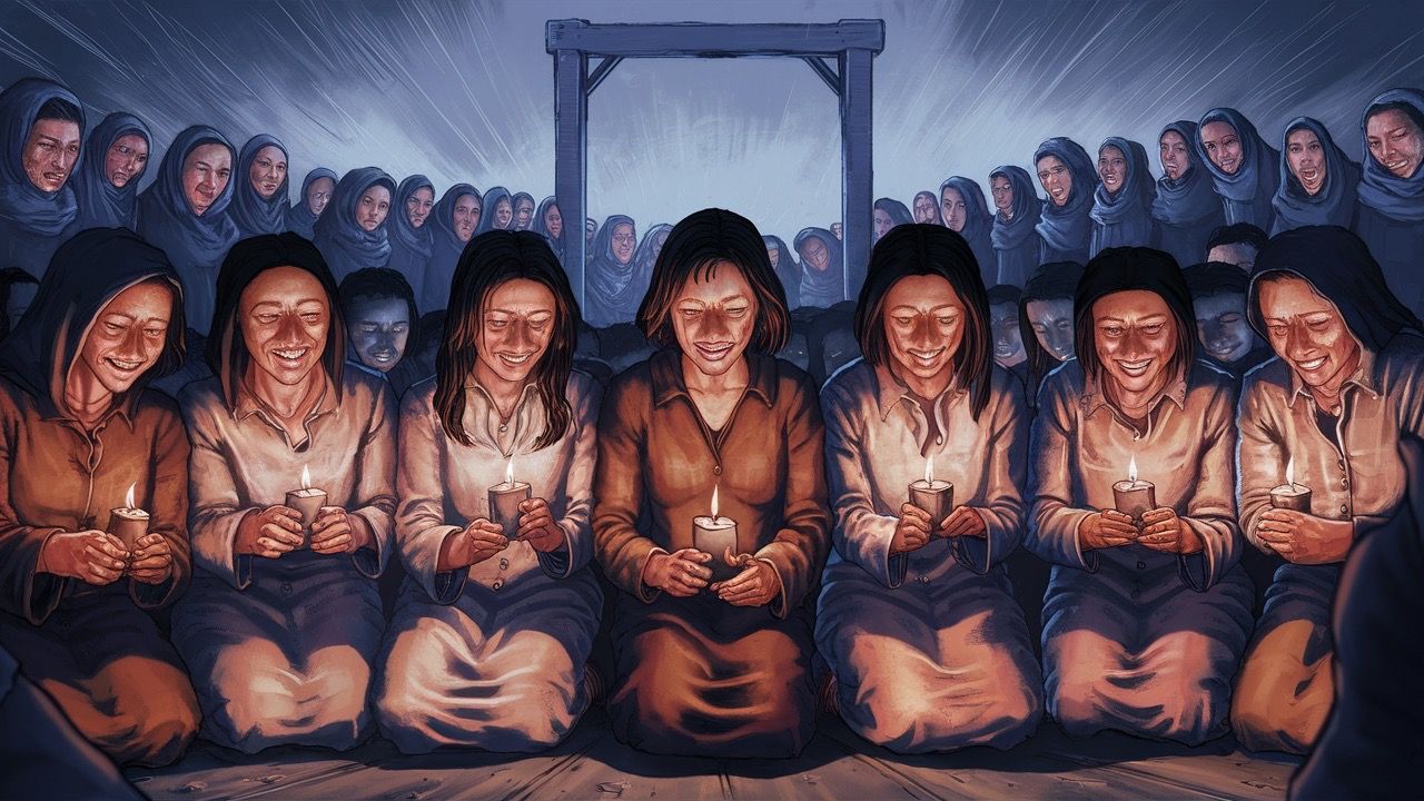 On the day of execution, on the day of execution
Only women kneel and smile, ah-ah, ah-ah