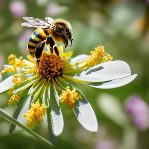 realistic bee collecting pollen from beautiful flowers