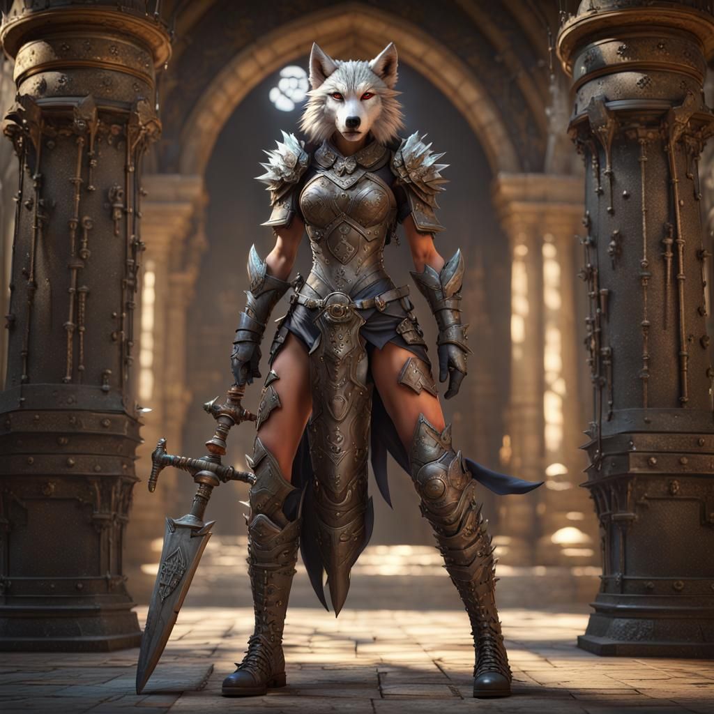 Female Wolf Face Wolf Head Medusa Haired Hybrid dressed in s...
