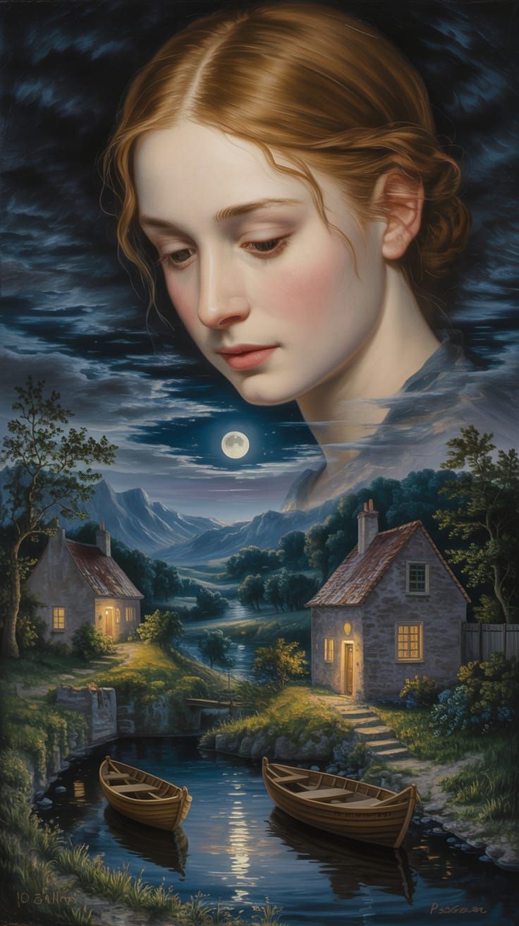  a tranquil landscape with quaint houses and boats under a luminous moon, as if painted ...