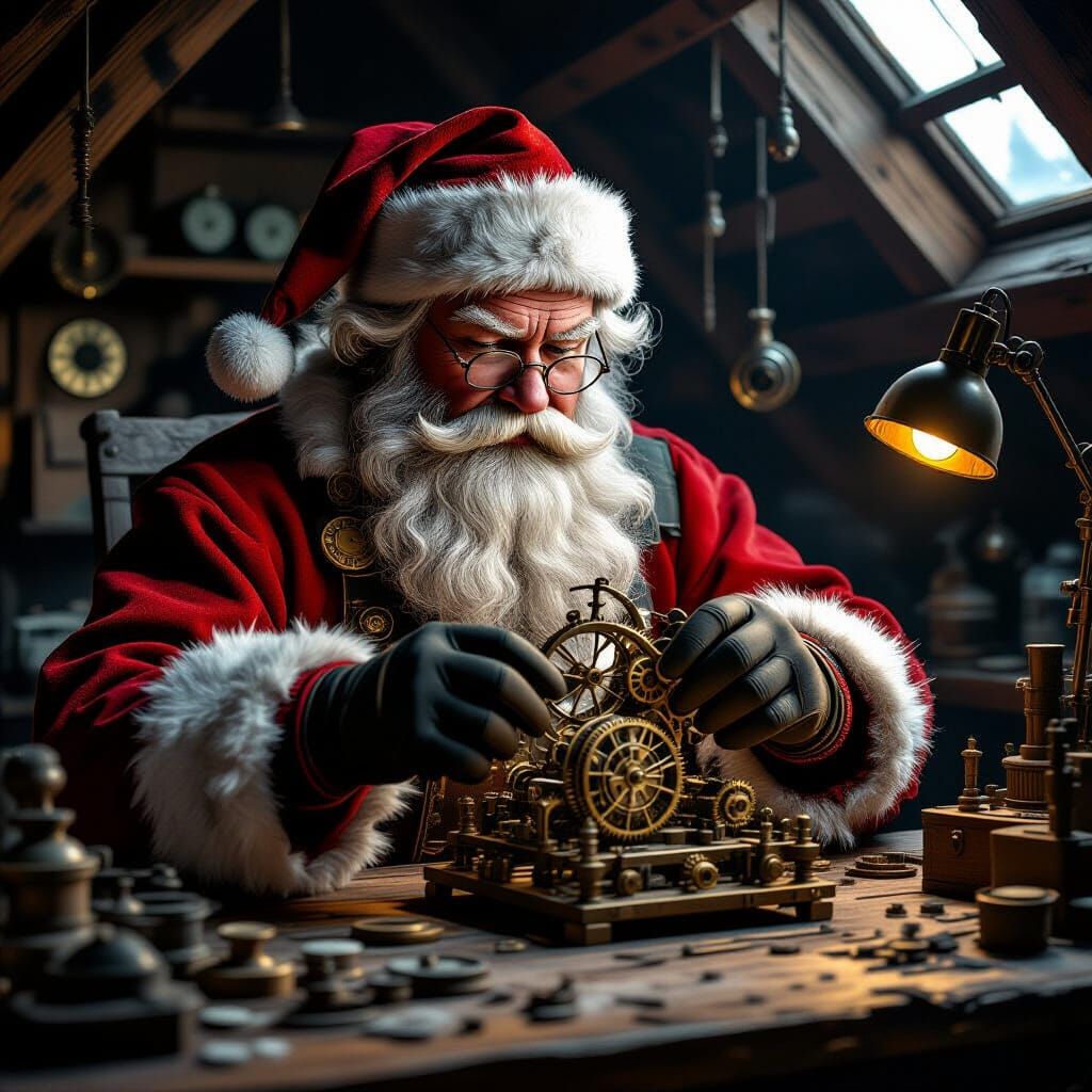 A gruff, bearded Santa Claus, looking less jolly and more contemplative, is shown experimenting with ...  by @Moonflowerrose