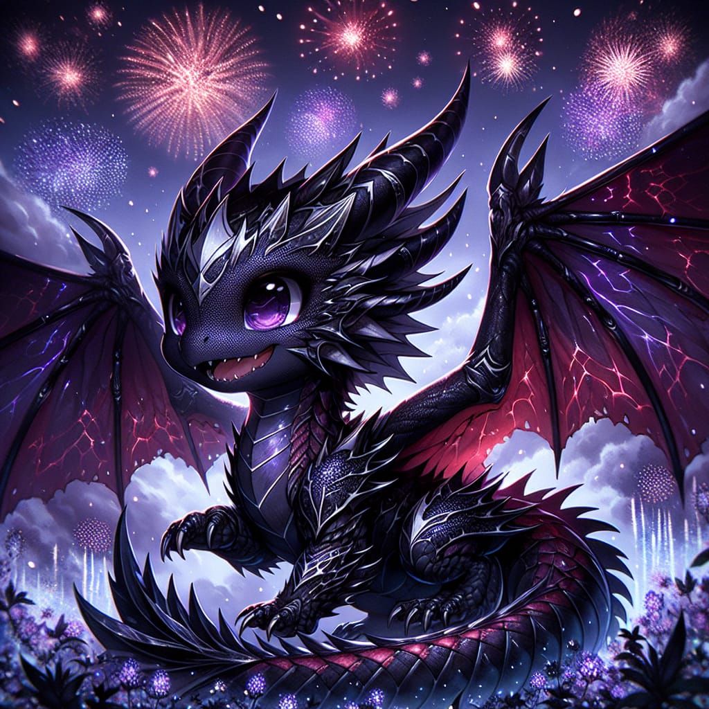 Adorable Black Dragon Celebrates