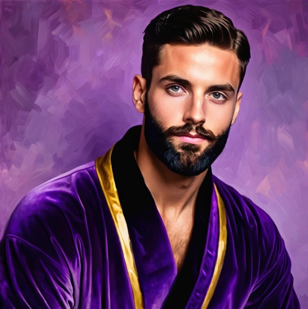 Felipe   ·  a handsome bearded man   wearing a purple bathro...
