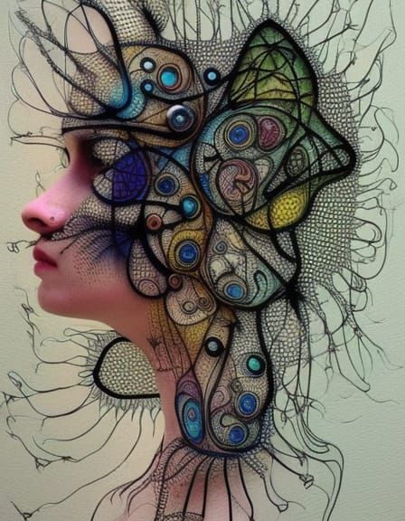 Abstract Woman Portrait in Bioluminescent Textile Art Style