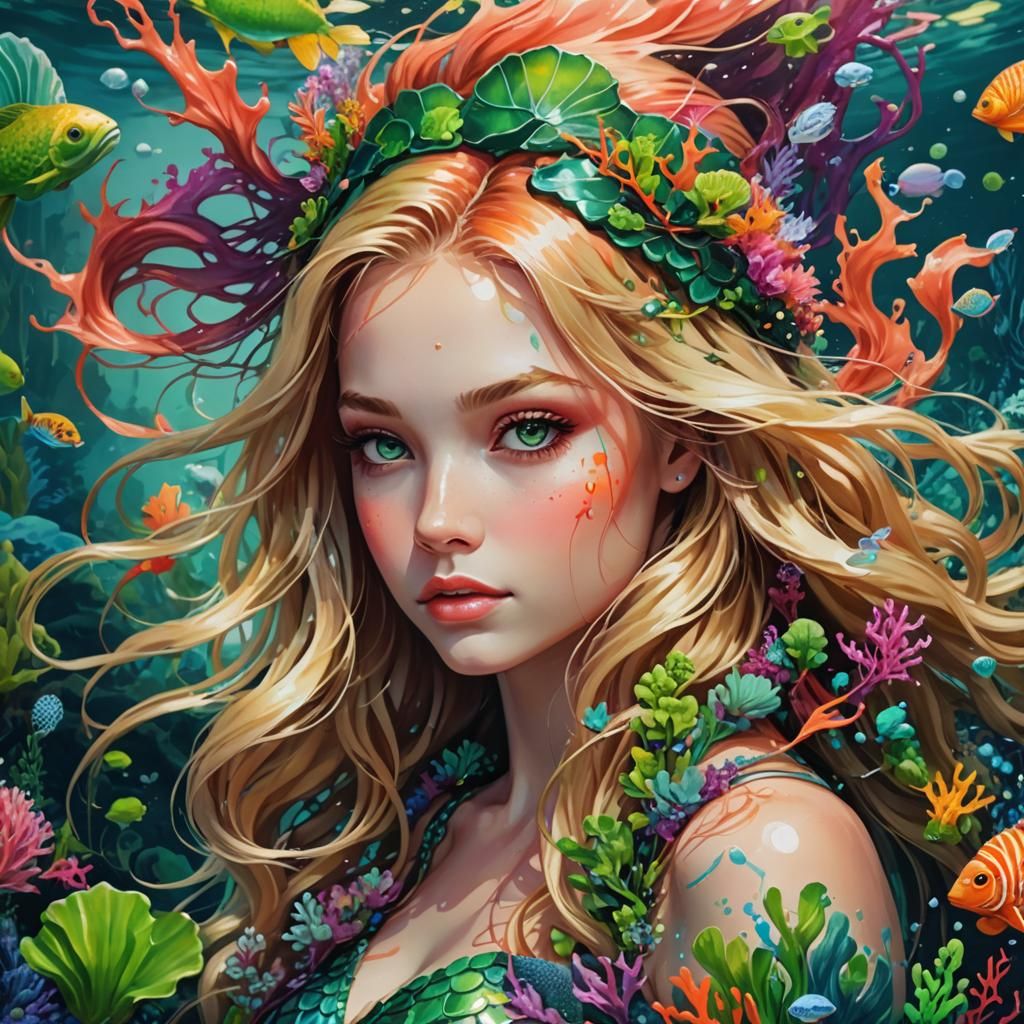 a beautiful mermaid with long blonde hair and green eyes in ...