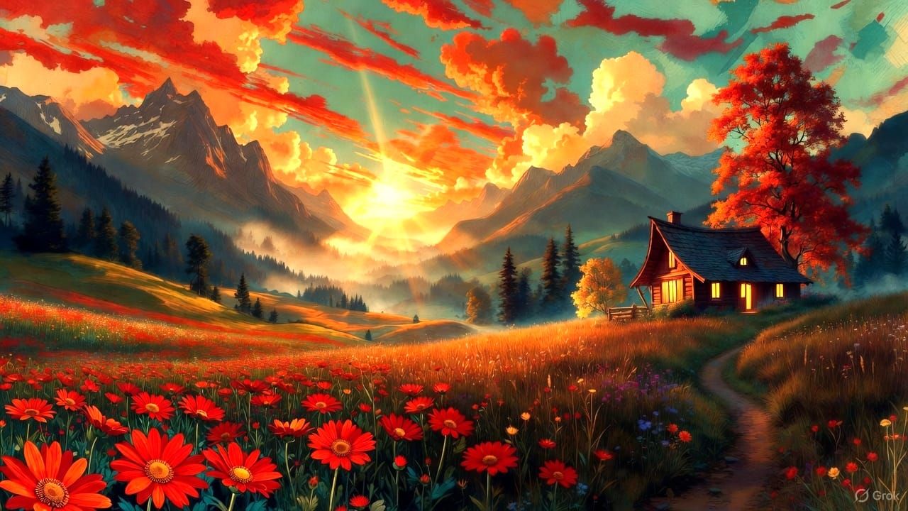 Breathtaking landscape painting illuminated by a radiant sun...