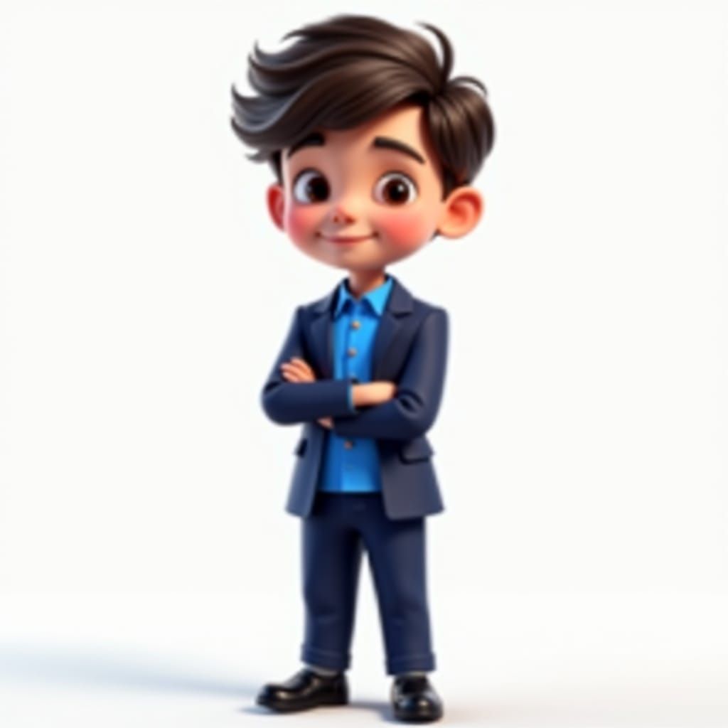 Boy teacher(full body) make it cute like a fanart like big big head and baby face and tall and thin body make his uniform blue botton up pol...