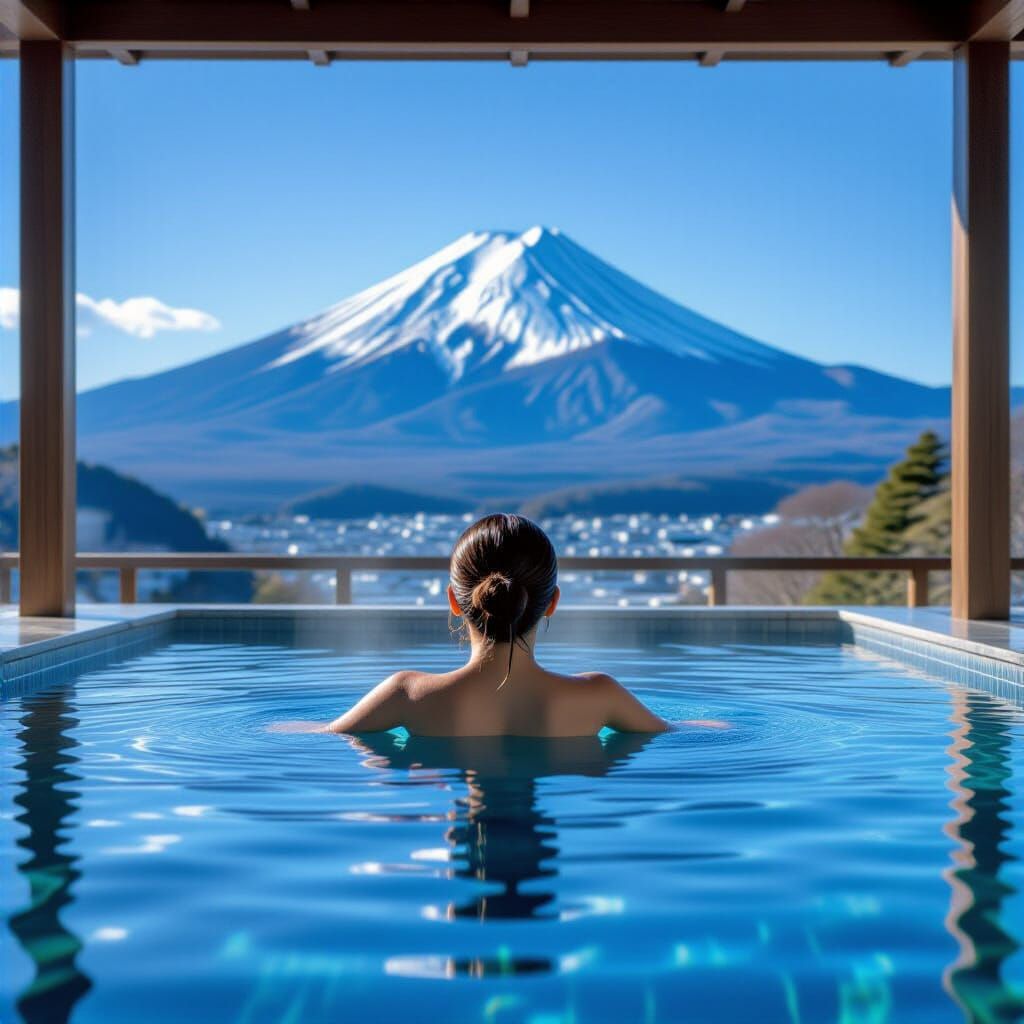 Woman in Infinity Pool Gazing at Mount Fuji