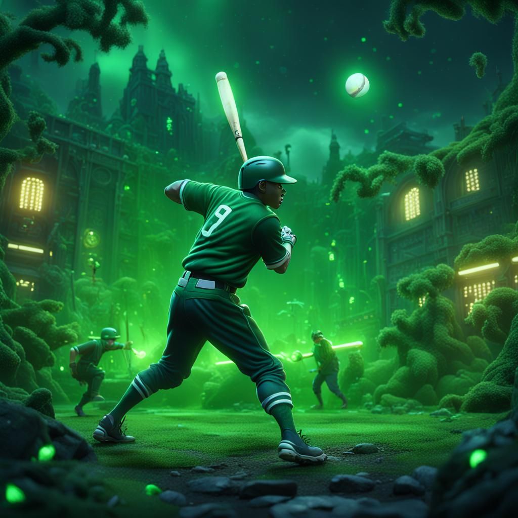 goul plays baseball in midnight, green glowing environment