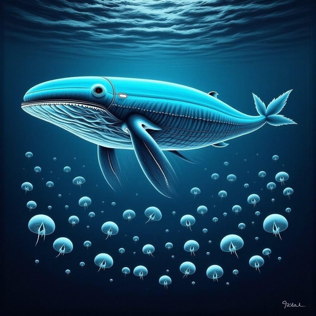 <lora:AVADA KEDAVRA:1.0> Underwater view of a huge fantastical glowing transparent glass whale swimming in the ocean. Surrounded by glowing jellyfish
