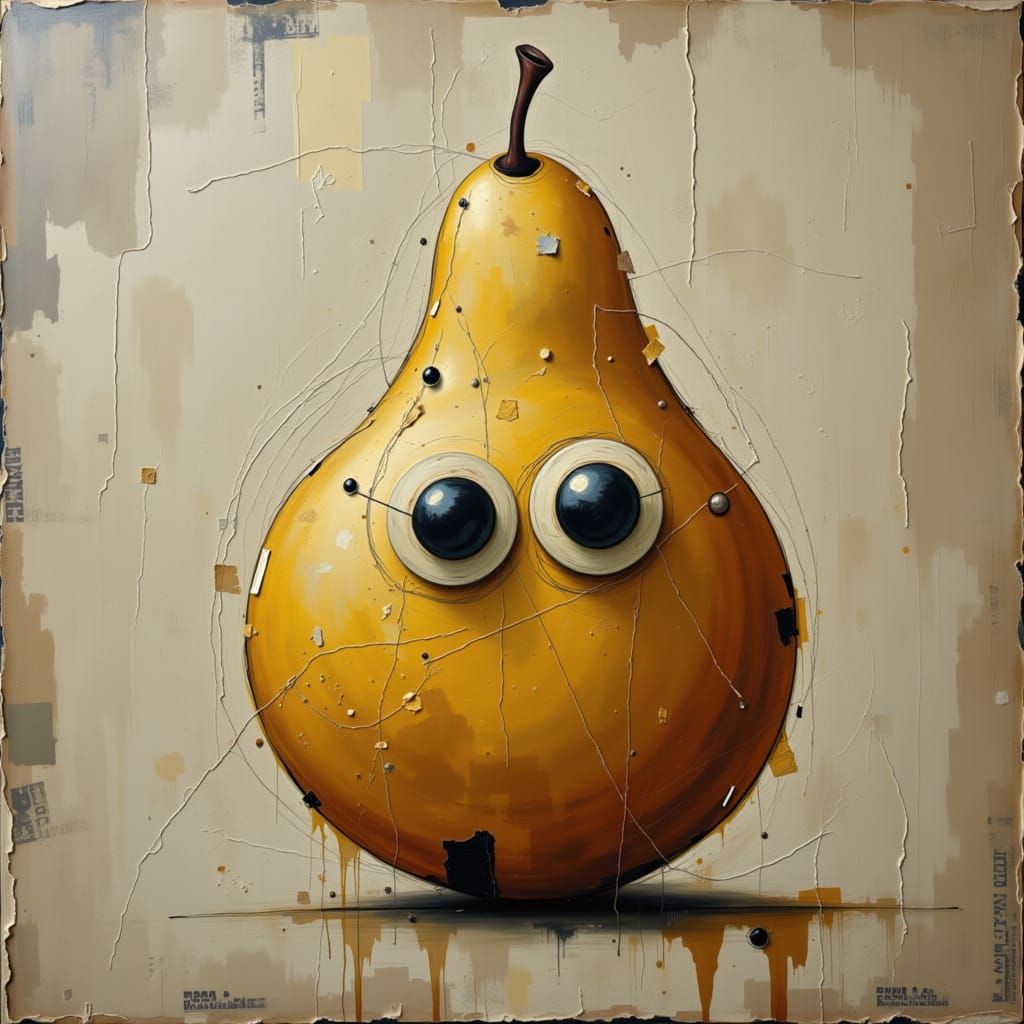 A tiny, pear with big, sparkling eyes <lora:Contexture Abstract:1.0>