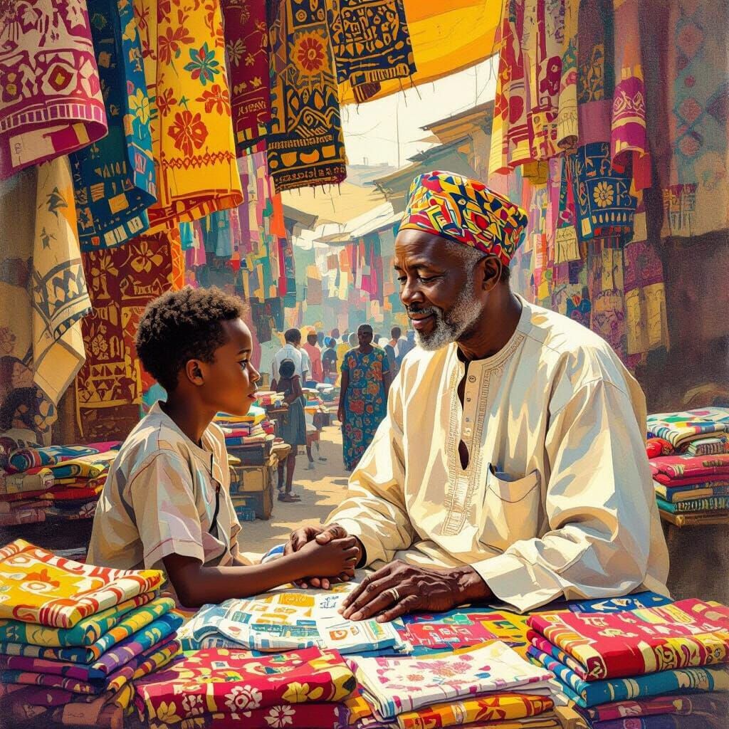 Mentor teaching a young Nigerian apprentice about colorful fabrics in a vibrant textile market, busy with textures and lively atmosphere.”