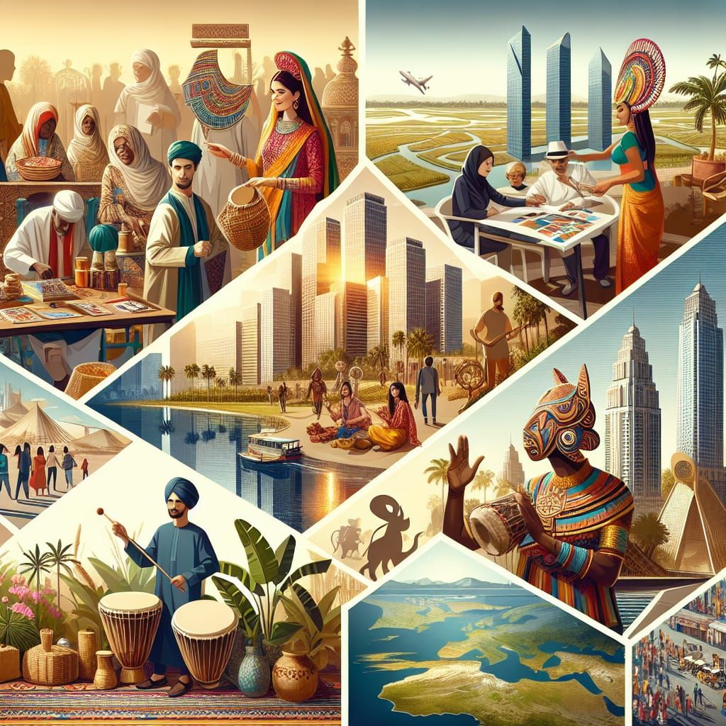 "Create a captivating image that encapsulates the vibrant spirit of an amazing country blending its rich cultural herita...